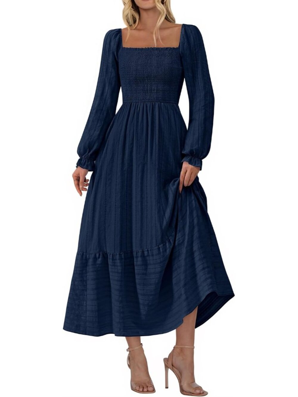 Women's Navy Square Neck 2026 Long Sleeve Boho Wedding Guest Maxi Party Dresses